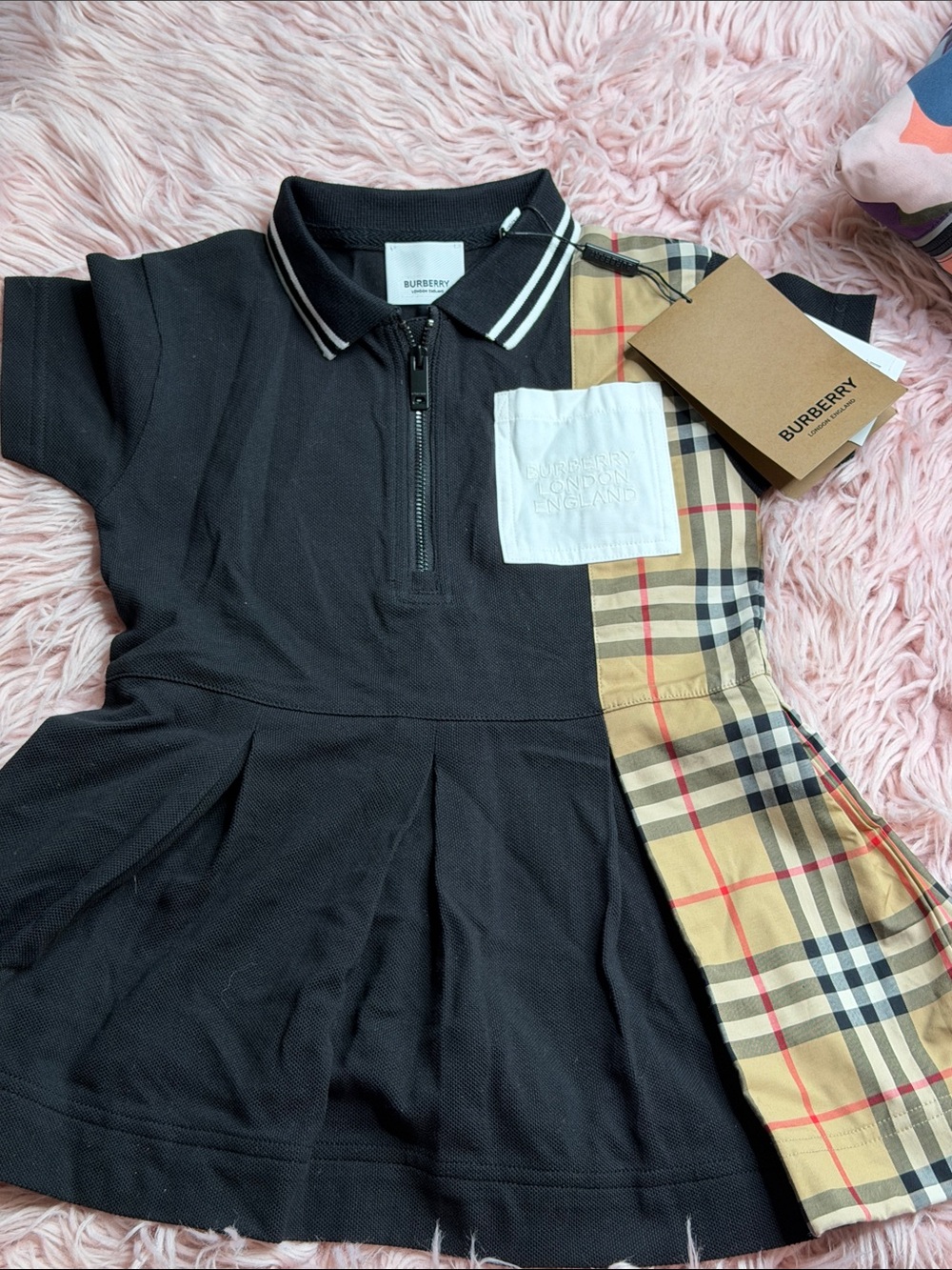 Burberry Black Polo Dress with Classic Beige Check Panel - Kids